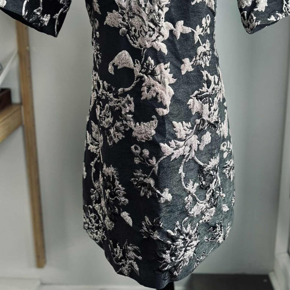 Luisa Cerano Charcoal Metallic Floral Jacquard Shift Dress with Pockets – US 12 - Picture 5 of 13
